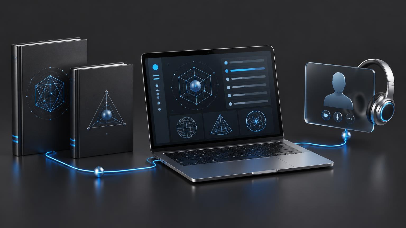 Bundle illustrativo: corso di trading, software su computer e tutor in video, collegati nello stesso sistema